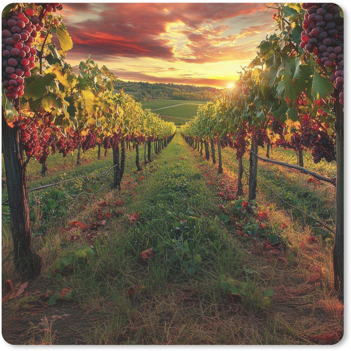 Muismat 20x20 cm - Mousepad Wijngaard - Druiven - Zonsondergang - Muismatten