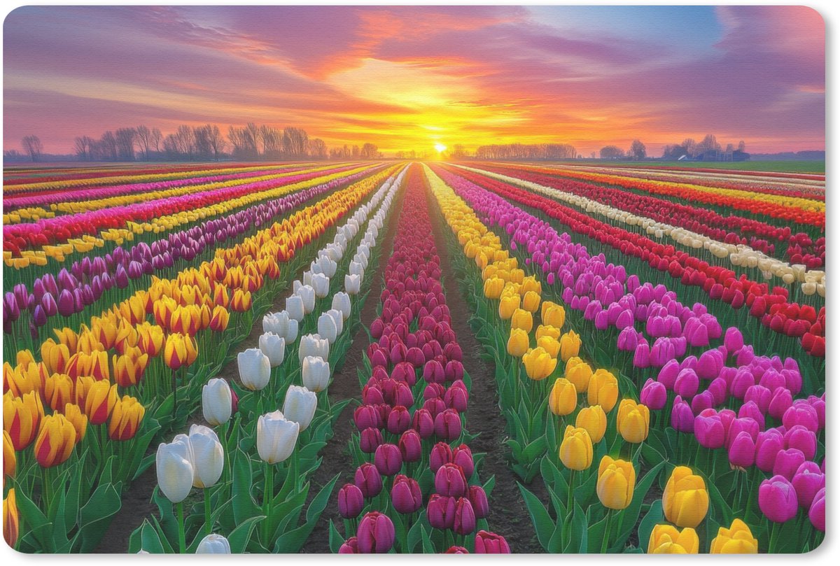 Muismat 27x18 cm - Mousepad Tulpenveld - Zonsondergang - Kleurrijk - Muismatten