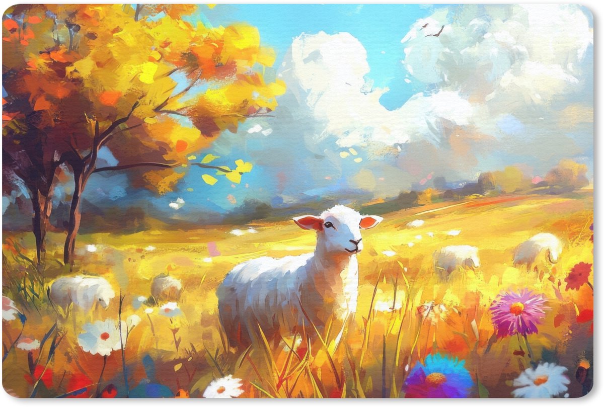 Muismat 27x18 cm - Mousepad Schaap - Weide - Bloemen - Muismatten