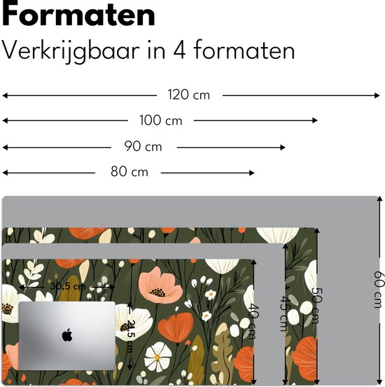 Bureau onderlegger 100x50 cm - Muismat Bloemen - Illustratie - Groen - Bureaumat - Mousepad XXL - Bureau mat - Muismatten groot - Desk organizer - Bureaulegger