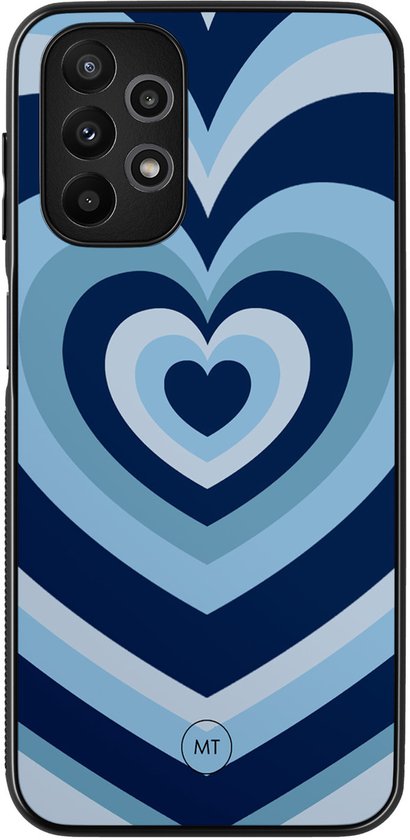 Coque de téléphone avec un motif de cœurs concentriques bleus et bleu clair.