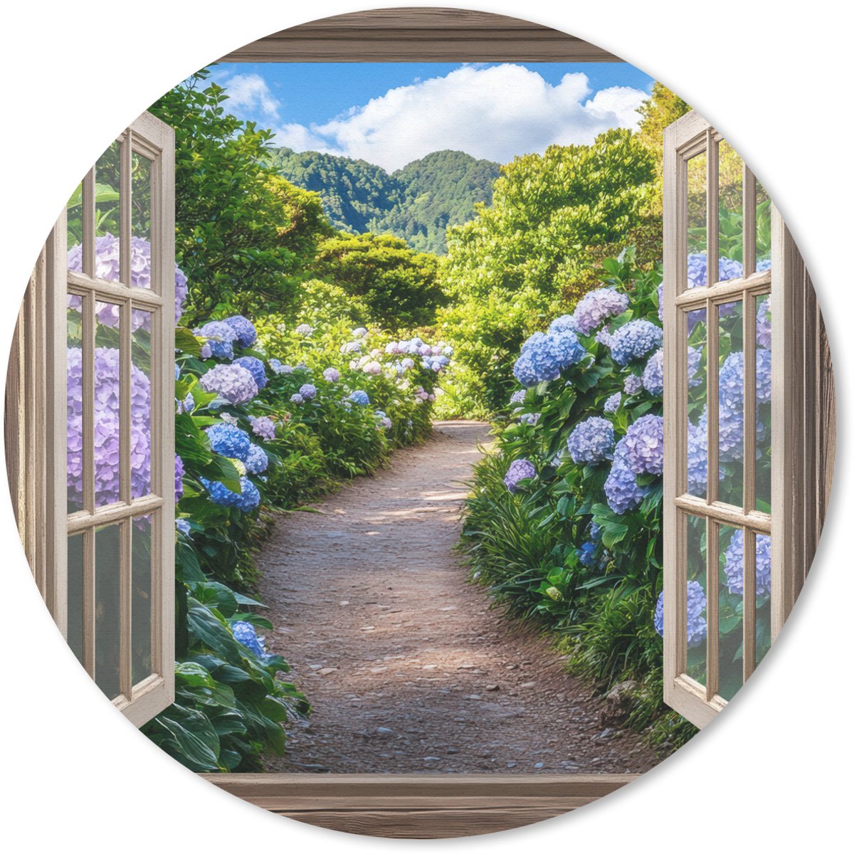 Muismat rond 40x40 cm - Mousepad Doorkijk - Hortensia - Pad - Natuur - Ronde muismatten