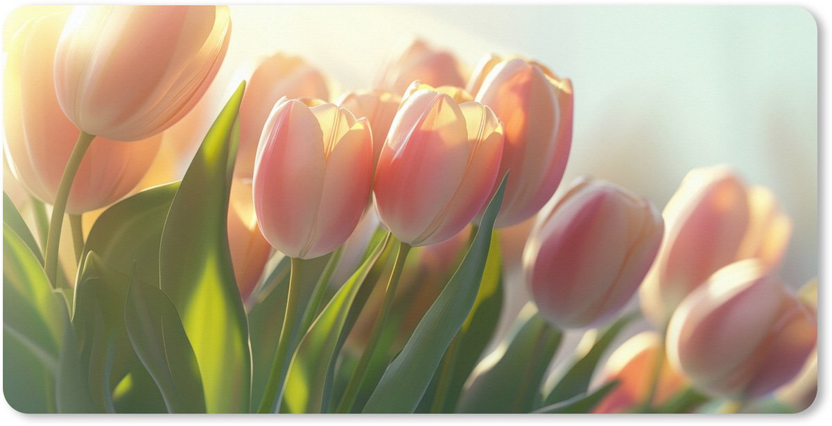 Muismat XXL 100x50 cm - Bureau onderlegger - Bureau mat Tulpen - Roze - Zonnestralen - Bureaumat - Gaming mousepad xl - Bureaulegger groot - Computer deskmat