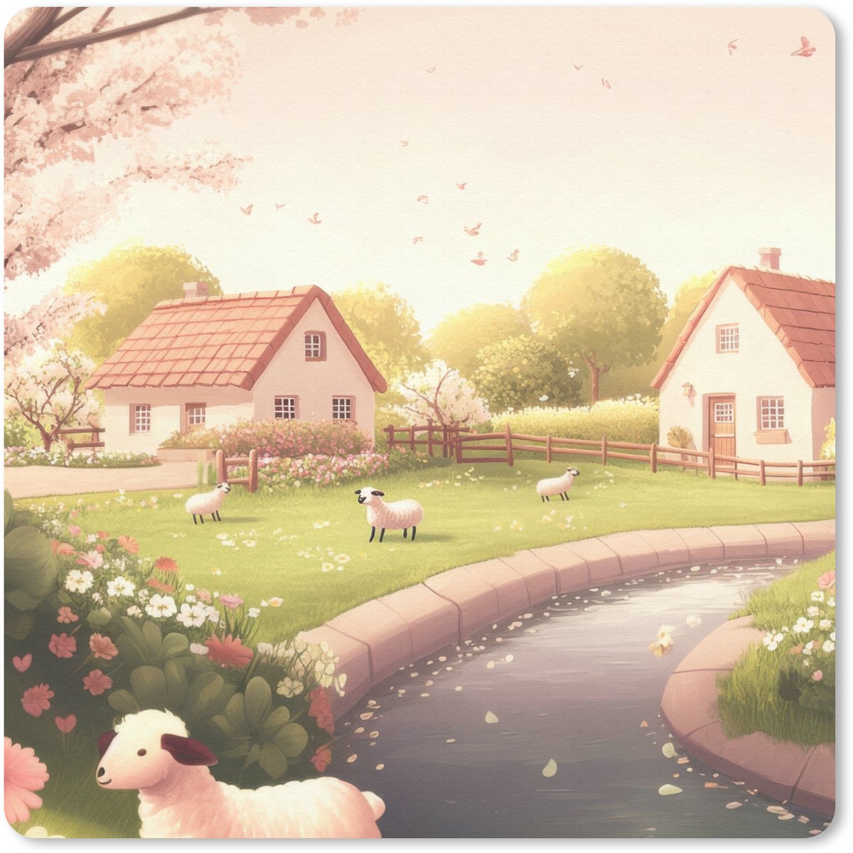 Muismat 20x20 cm - Mousepad Schapen - Huisje - Platteland - Muismatten