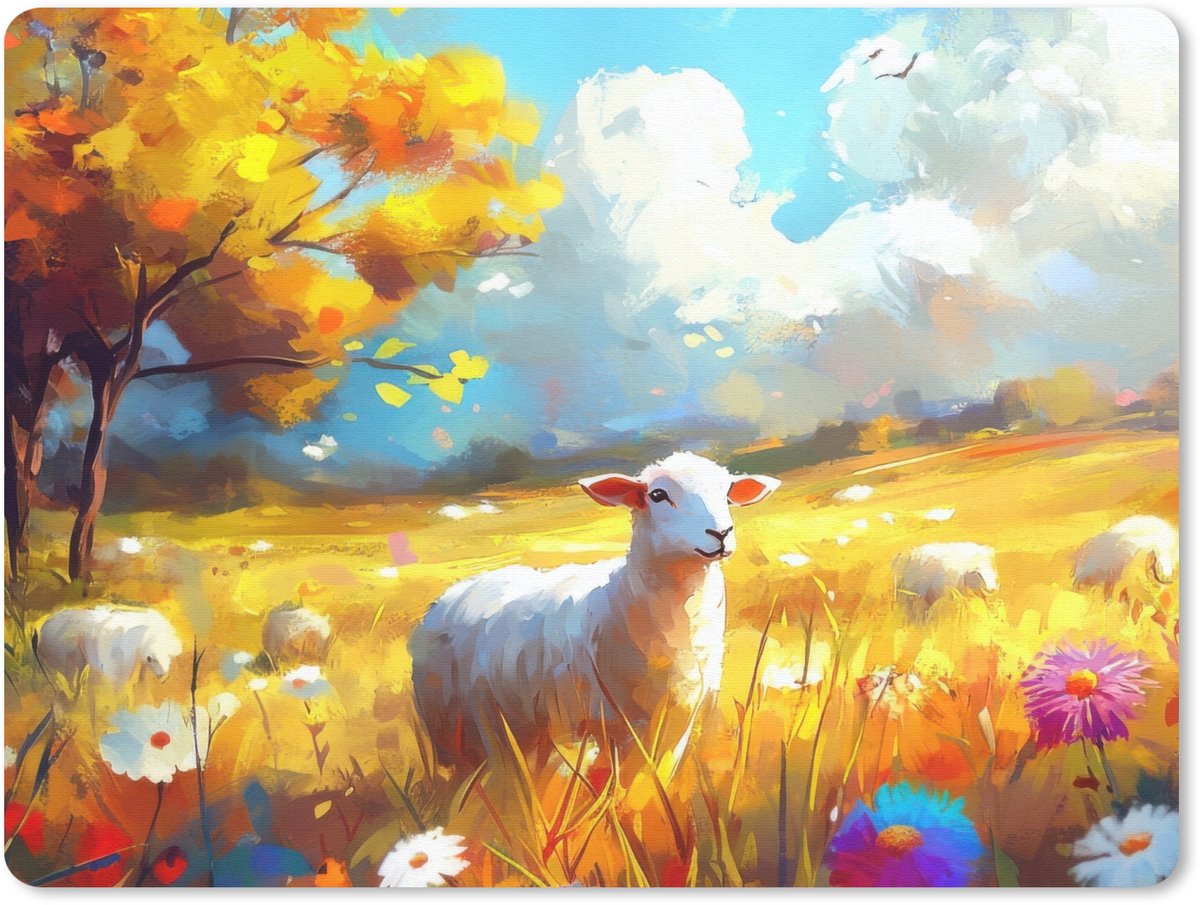 Muismat 23x19 cm - Mousepad Schaap - Weide - Bloemen - Muismatten