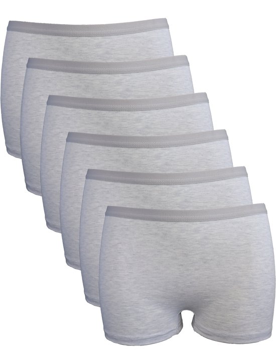 Vijf lichtgrijze katoenen boxershorts met grijze tailleband, gestapeld.