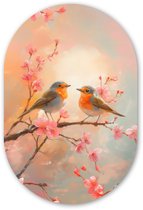 Muurovaal 40x60 cm - Ovale wanddecoratie Roodborstjes - Sierlijk - Bloesemtak - Ovalen schilderij - Muurdecoratie woonkamer - Kamer decoratie - Schilderijen - Wandcirkel