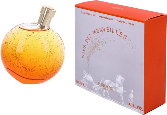 Hermès Elixir des Merveilles Eau de Parfum (100 ml) met oranje kartonnen verpakking.
