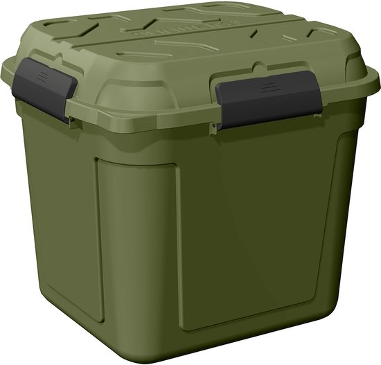 Boîte de rangement rectangulaire vert foncé avec couvercle et clips noirs. Dimensions: 60.1x53.1x54.5 cm.