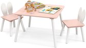 Roze tafel en twee stoelen met witte harenrugleuningen, versierd met speelgoed en boeken.
