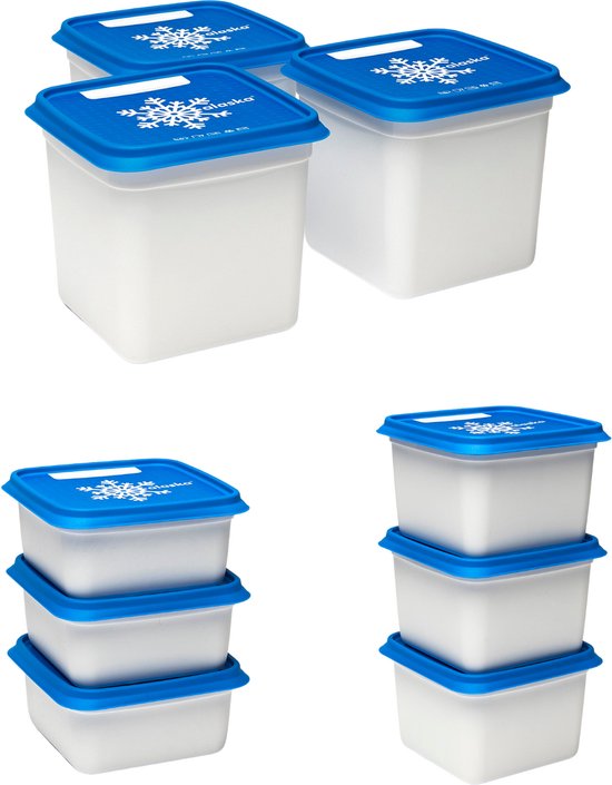 Ensemble de 9 boîtes de congélation, 3x 500ml, 3x 750ml, 3x 1200ml, avec couvercles bleus.