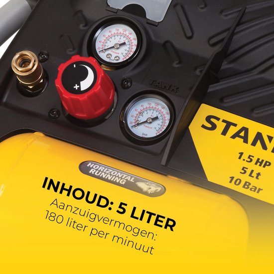 Close-up van de Stanley Airboss compressor met meters en instelknop