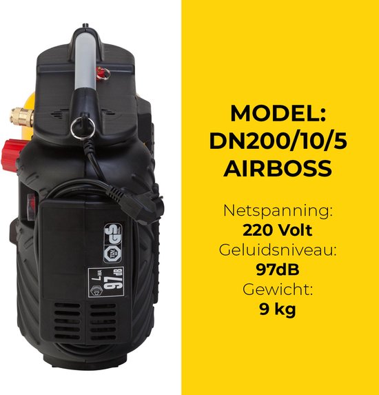Achterkant van de Stanley Airboss compressor met specificaties, waaronder 220 Volt