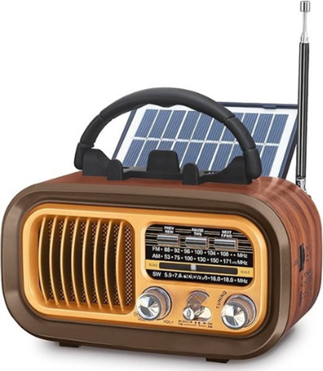 Noodradio - Solar Opwindbaar - Solar powerbank - 1200mAh - Zonneenergie - Survival Noodpakket - Zaklamp Oplaadbaar - AM/FM - Noodrantsoen - Hout