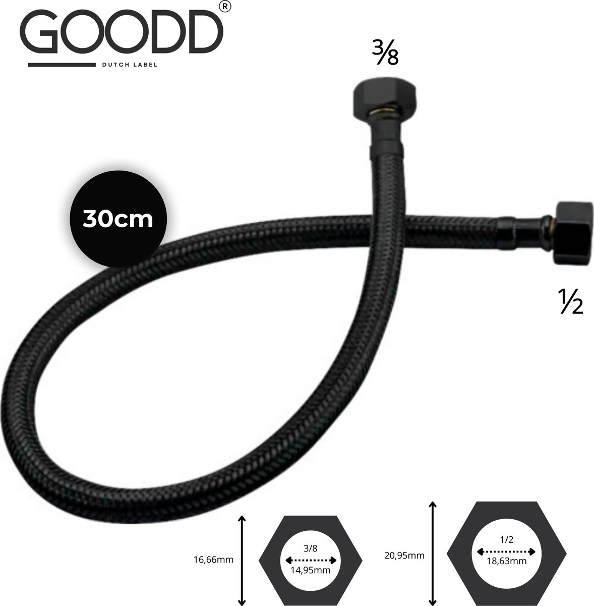 GOODD® - Flexibele aansluitslang - Zwart - Nylon - 30 CM - Fonteinkraan - 1/2 en 3/8 inch - Knikvrij