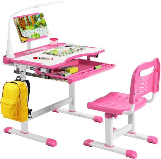 COSTWAY Kinderbureauset met boekenstandaard en ledlicht, in hoogte verstelbare kindertafel en stoel met kantelbaar tafelblad en lade, kinderbureau voor jongens en meisjes (roze)