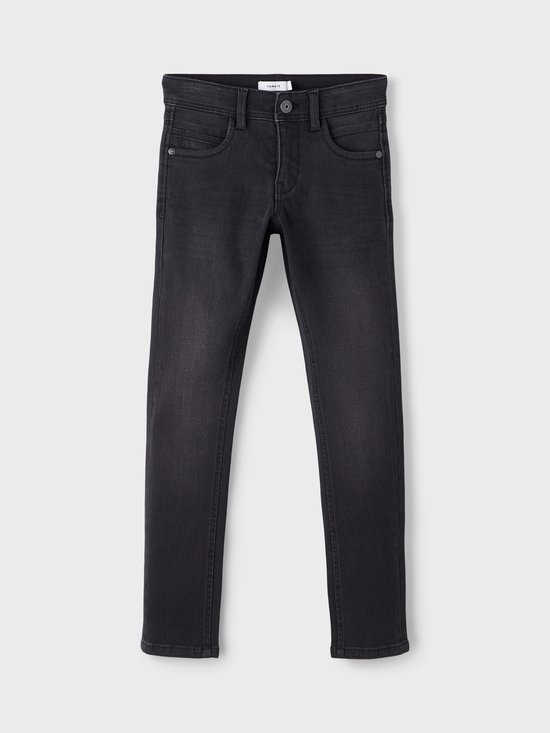 Grijze skinny jeans met vijf zakken en knoopsluiting.