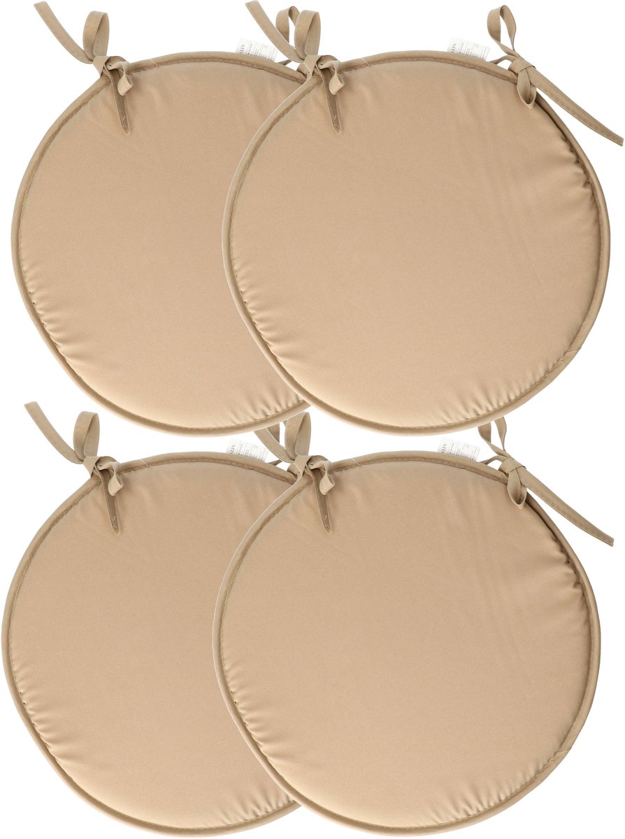 Stof Textile Home stoelkussens - 4x - beige - D40 x H3 cm - voor binnen - touwtjes sluitin