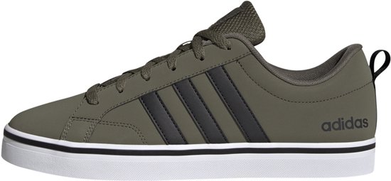 Basket Adidas vert foncé avec rayures noires, semelle blanche et logo Adidas sur le côté.