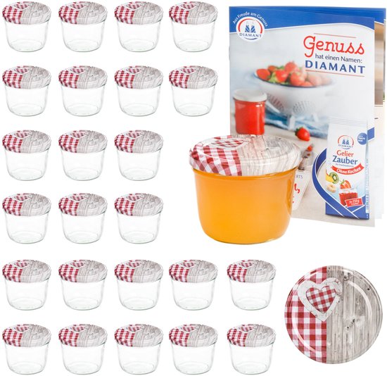 Set van 25 bekers 230 ml To 82 houten hart rood deksel incl. Diamant Gelierzauber receptenboekje