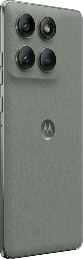 Achterkant van de grijze Motorola Edge 60 Pro smartphone met vier camera's en Motorola logo.