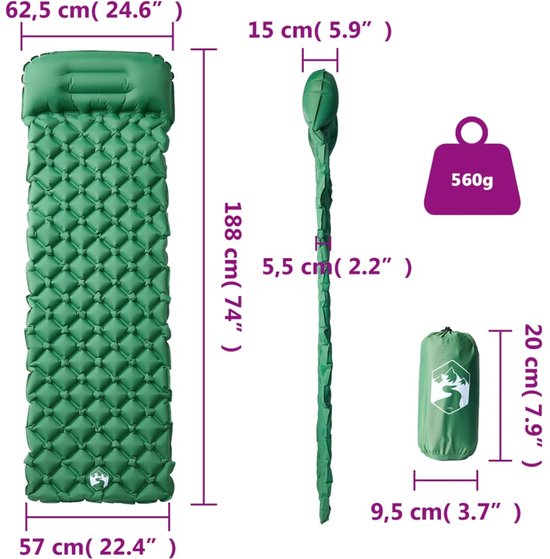 vidaXL - Kampeermatras - met - kussen - opblaasbaar - 1-persoons - groen van Merkloos — afbeelding 4