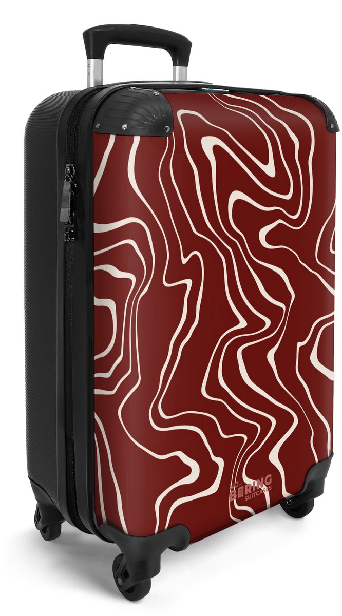 NoBoringSuitcases.com® - Handbagage koffer lichtgewicht - Reiskoffer trolley dames - Rood met abstracte beige lijnen - Vakantie rolkoffer met wieltjes - Carryon suitcase - Flightcase - Cabin koffertje - Past binnen 55x40x20 en 55x35x25