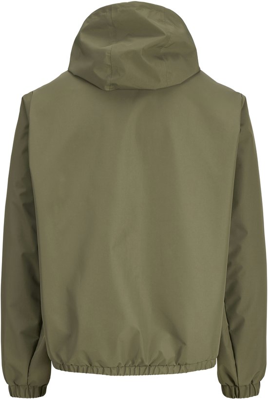 Veste vert olive avec capuche, poignets et ourlet élastiques.