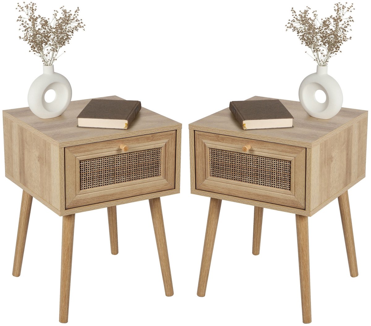 Urban Living Nachtkastje Bali - 2x - Ibiza stijl - hout - met lade - 39 x 39 x 57 cm Naturel