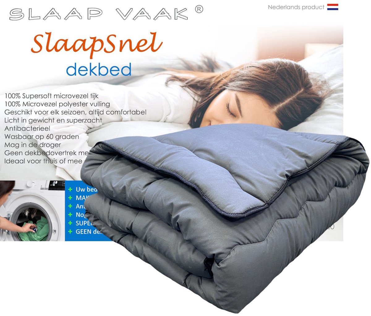 SlaapVaak SlaapSnel Dekbed - Dekbed zonder Overtrek - All Year Dekbed - Hoesloos Dekbed - Anti-Allergisch - Wasbaar - Eenpersoons - 140x200 cm - Antraciet