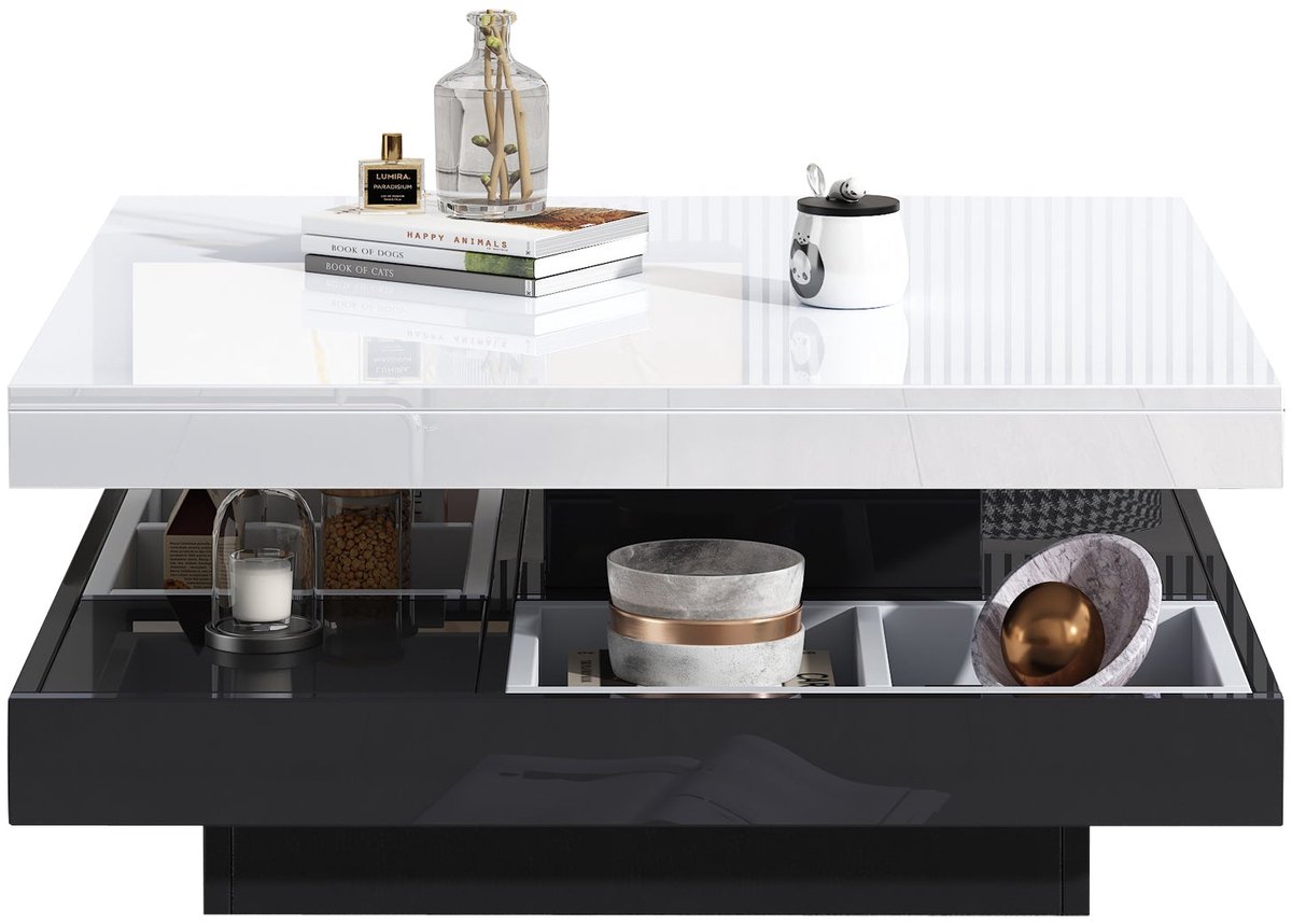 Merax Draaibare Salontafel met Opbergruimte – Hoogglans Wit met Zwart Onderstel – Vierkant – 360° Roterend – 70x70x36 cm