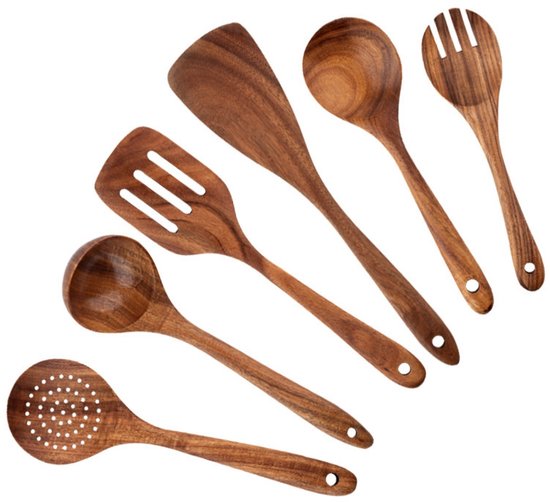 Keukengereiset van 6 stuks - Houten kooklepel - Houten kookgerei - Houten kookgerei - Natuurlijk teakhout
