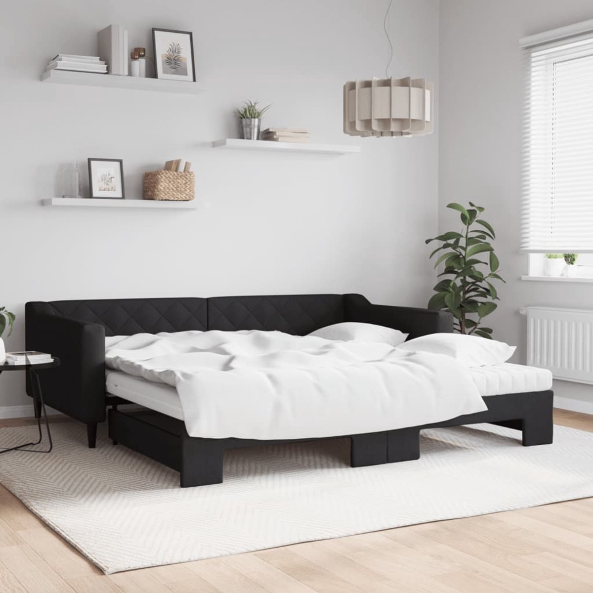 vidaXL Slaapbank - met - onderschuifbed - en - matrassen - 100x200 - cm - stof - zwart