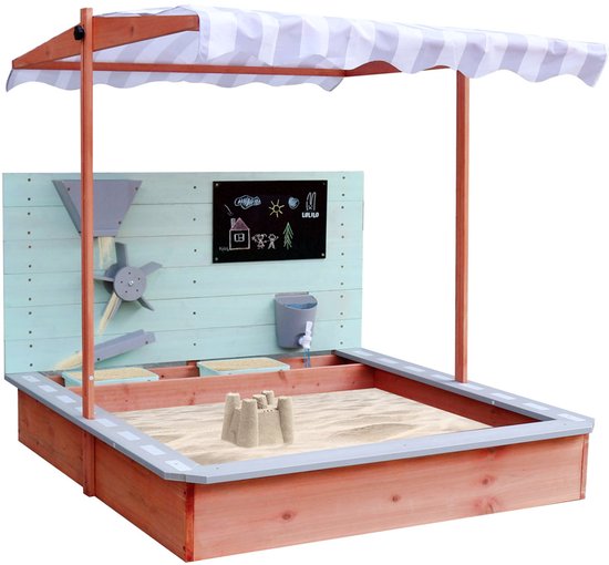 Playos® - Bac à sable - avec toit réglable - 120 x 120 cm - Bois imprégné - avec tableau noir - avec Accessoires de vêtements pour bébé - Jouets aquatiques - Toit inclinable - Jouets de sable - Jouets de plein air
