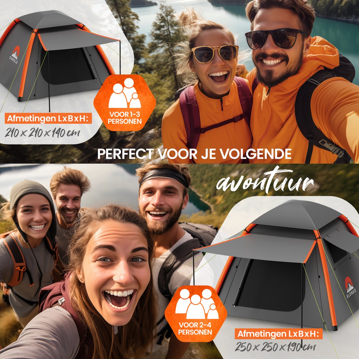 ELONEO Opblaasbare Camping Tent voor 1–3 Personen met Luifel, 210x210x140 cm – foto 6