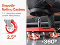 Close-up van de rode, 360 graden draaiende wielen van een werkplaatskruk. Tekst: Smooth-Rolling Casters, 2.5".