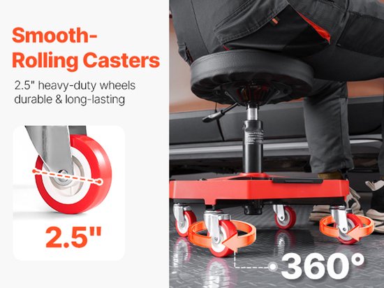 Close-up van de rode, 360 graden draaiende wielen van een werkplaatskruk. Tekst: Smooth-Rolling Casters, 2.5".