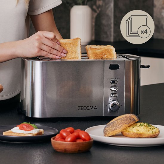 Zeegma Tostee Chef Easy, broodrooster 4 sleuven, LED display, touchbediening, opzetrek voor broodjes, 7 bruiningsstanden, ontdooien, verwarmen, stopfunctie, kruimellade, RVS, automatisch uitschakelen