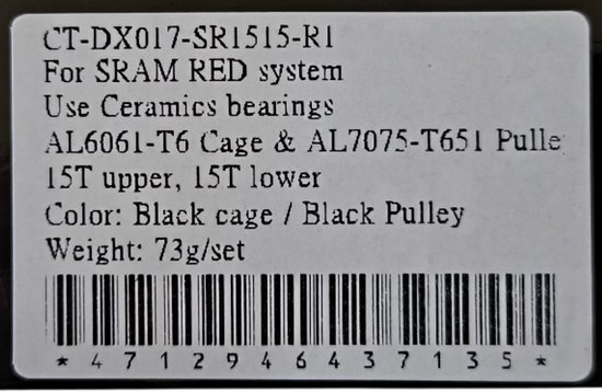 Cage de dérailleur surdimensionnée FOURIERS (CT-DX017-SR1515) - Usinée CNC - Cage et poulie en aluminium - 15 dents/15 dents - Roulements en céramique - Zwart - SRAM RED / SRAM FORCE / SRAM RIVAL (11 vitesses / max. 28 dents)