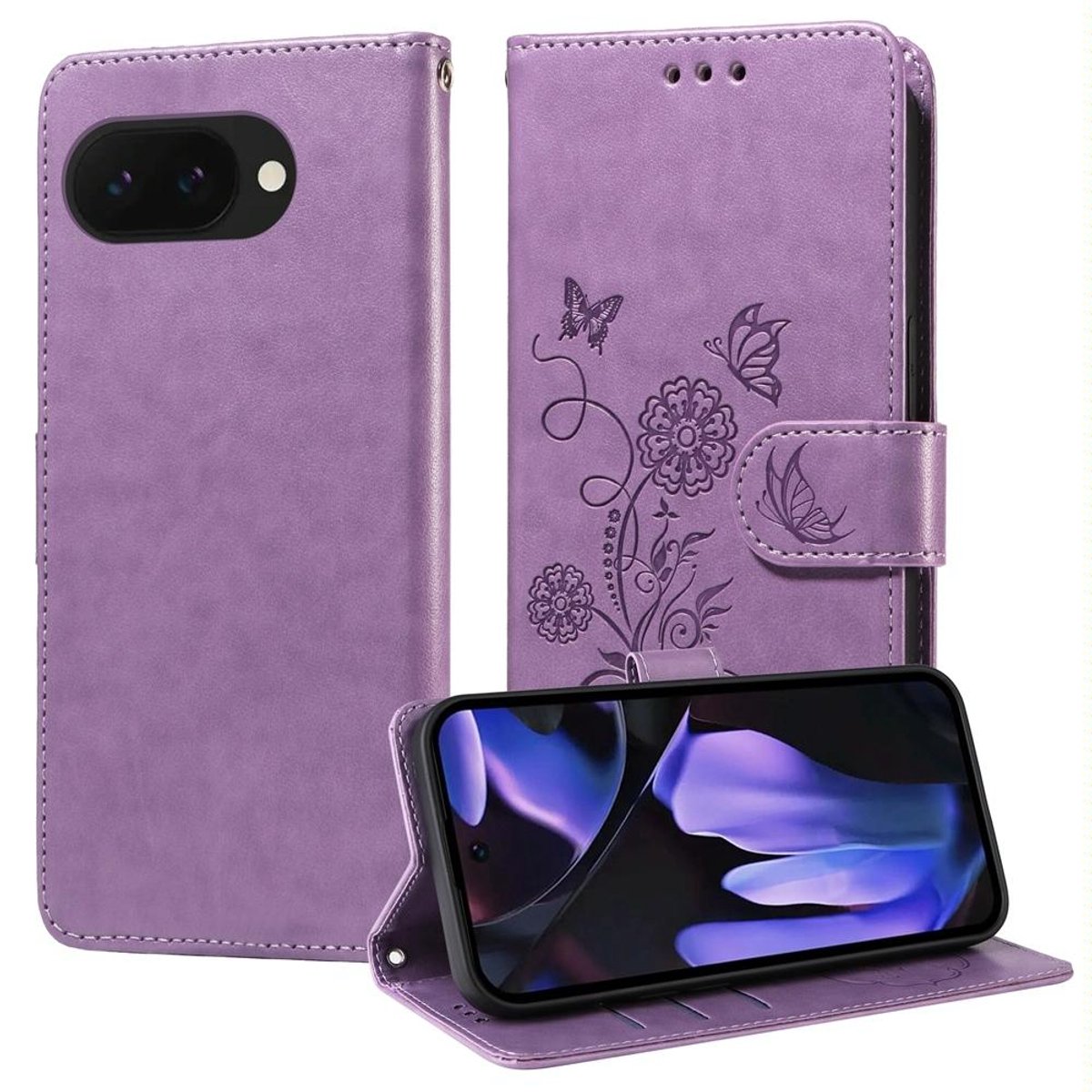 Mobigear Telefoonhoesje geschikt voor Google Pixel 9a Hoesje | Mobigear Flowers Bookcase Portemonnee | Pasjeshouder voor 3 Pasjes | Telefoonhoesje voor Pinpas / OV Kaart / Rijbewijs - Paars