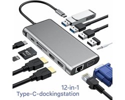 USB-C HDMI Hub – 4K HDMI Dock – Triple Display Adapter – SD/TF lezer – Voor MacBook & Laptop – USB 3.0/2.0 – Zilver – Universeel formaat – 1 stuks