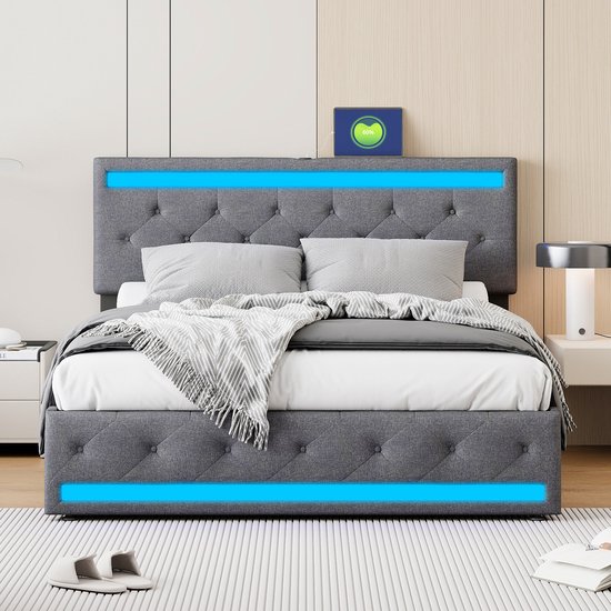 Gestoffeerd bed 160x200 cm met LED en USB, tweepersoonsbed met 4 laden, boxspring bed met opbergruimte en lattenbodem, jeugdbed rugleuning bedframe, zonder matras, linnen grijs