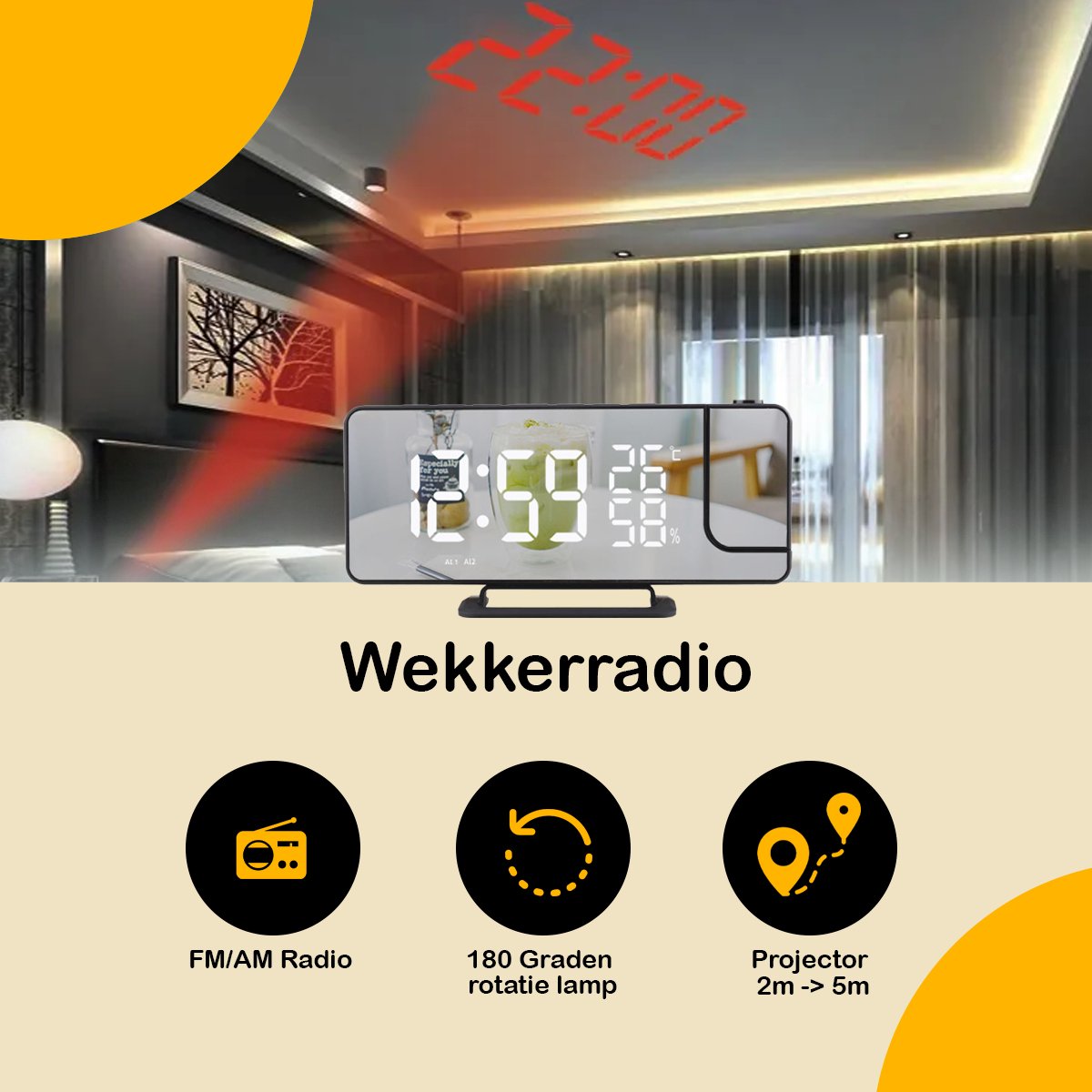 Premes - Wekkerradio met Projectie - Zwart - AM/FM - Op Netstroom - Digitale Klok - Wekkerradio’s - Projectiewekker - Wekker met Projectie - Klok Digitaal - Klokje - Klokken — cadeau in Elektronica - foto 3