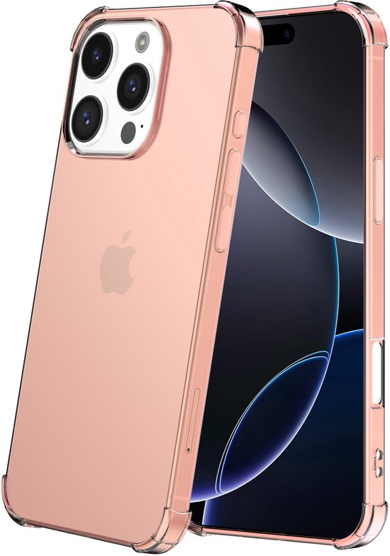 Lichtroze transparant hoesje voor iPhone 16 Pro Max met verstevigde hoeken en Apple logo.
