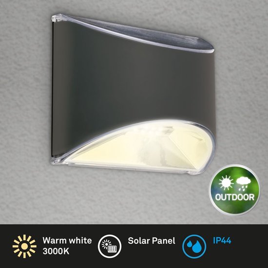 Donkergrijze gebogen buitenlamp met warm wit 3000K licht, solar paneel en IP44.