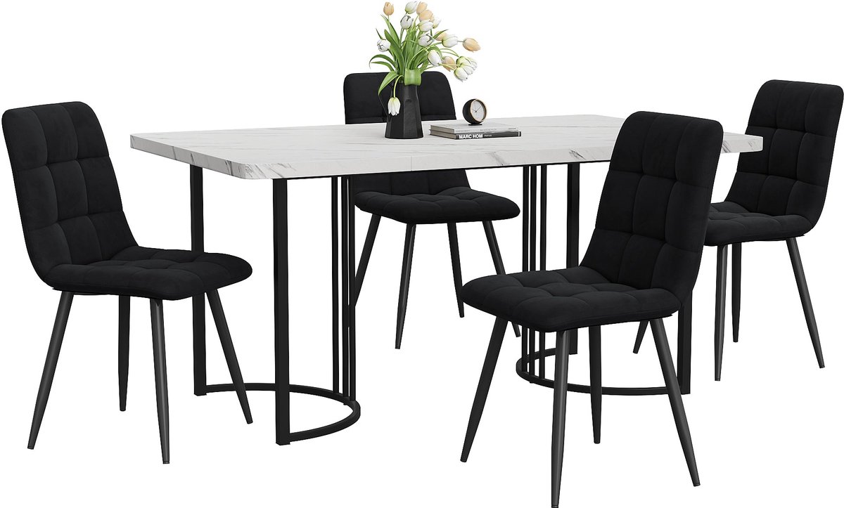 Merax Eetkamerset 5-delig – Wit Marmerlook Eettafel en 4 Zwarte Velvet Stoelen