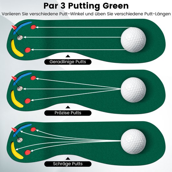 COSTWAY 300 x 96 cm golfputtingmat, golfmat voor binnen en buiten, opvouwbare golfoefenmat met 3 putting cups en 1 vlag, putting green golf trainingsmat voor thuis, kantoor, erf van Merkloos — afbeelding 4