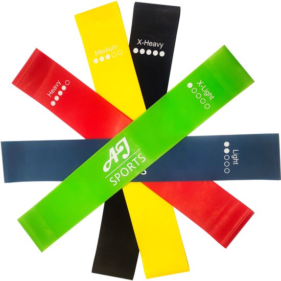AJ-Sports Latex Weerstandsbanden - Booty band - Fitness elastiek - Fitness band - Set van 5 weerstandsbanden - Resistance band - Fitness - Inclusief draagtas