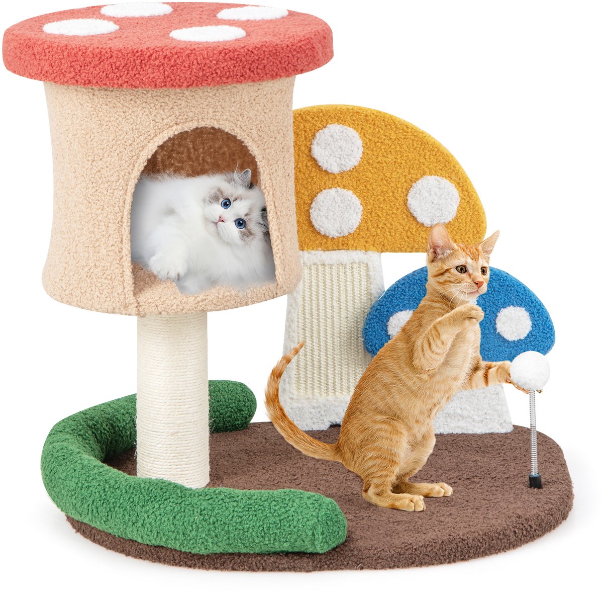 COSTWAY Krabpaal in paddenstoellook, kattenboom met kattenhol, sisal-krabplank en grote basis & speelbal, klimboom teddystof, katten kattenmeubel klimboom, kattenkrabpaal hout, 60x49x59cm, kleurrijk