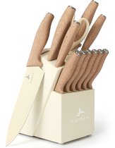Ensemble de couteaux Lugia - Bloc à couteaux 13 pièces - Couteau à pain, couteau de chef, Couteaux à viande à viande et ciseaux - Ustensiles de cuisine - Beige